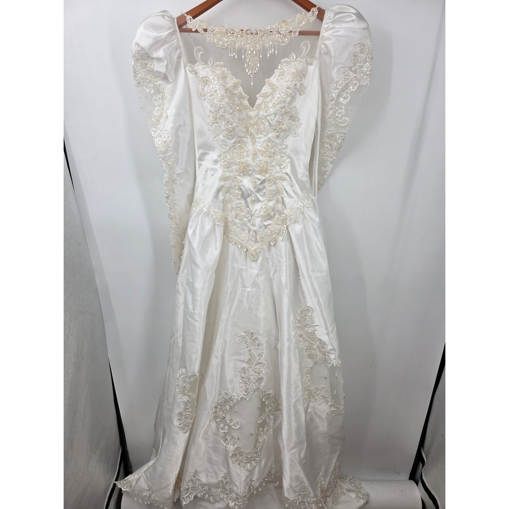 Vintage 80s White Satin Lace Beaded Wedding Dress Illusion Neckline Puff Sleeve